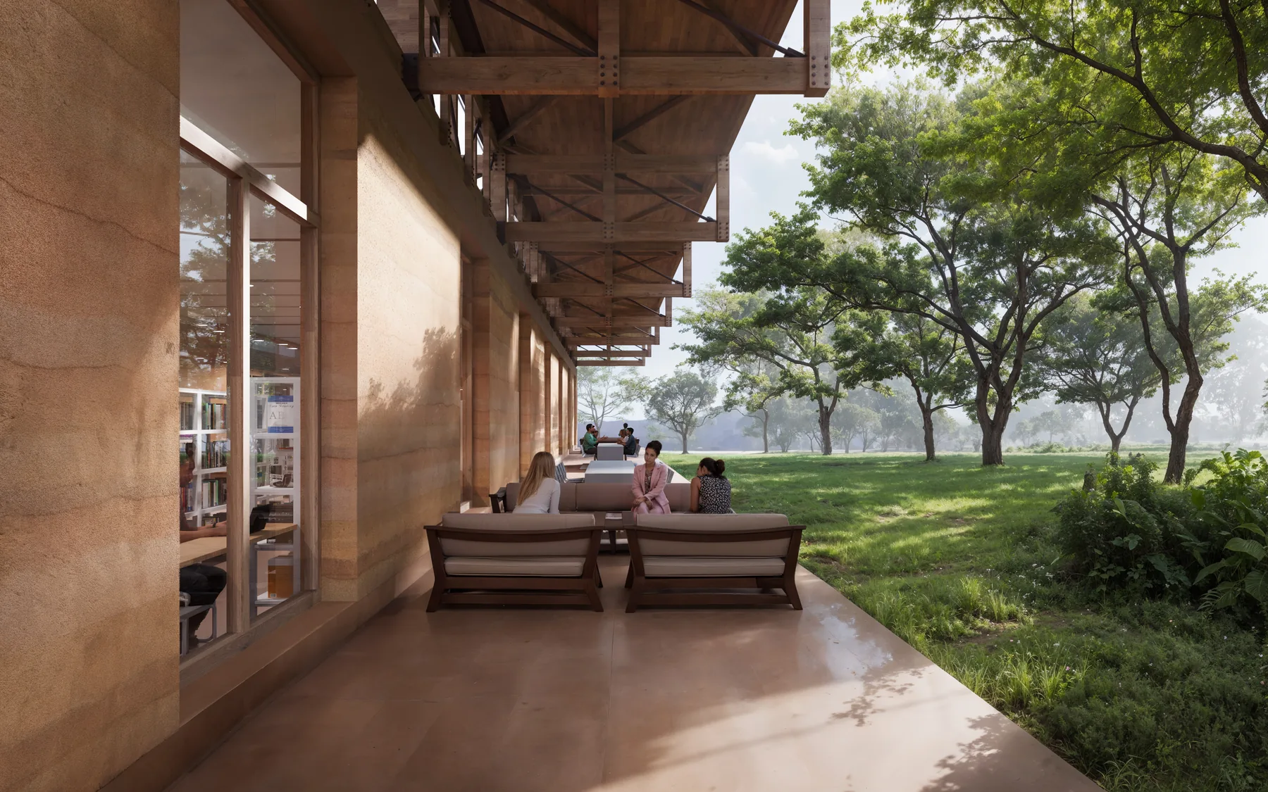 Library atrium with double-height reading space and natural light — competition render