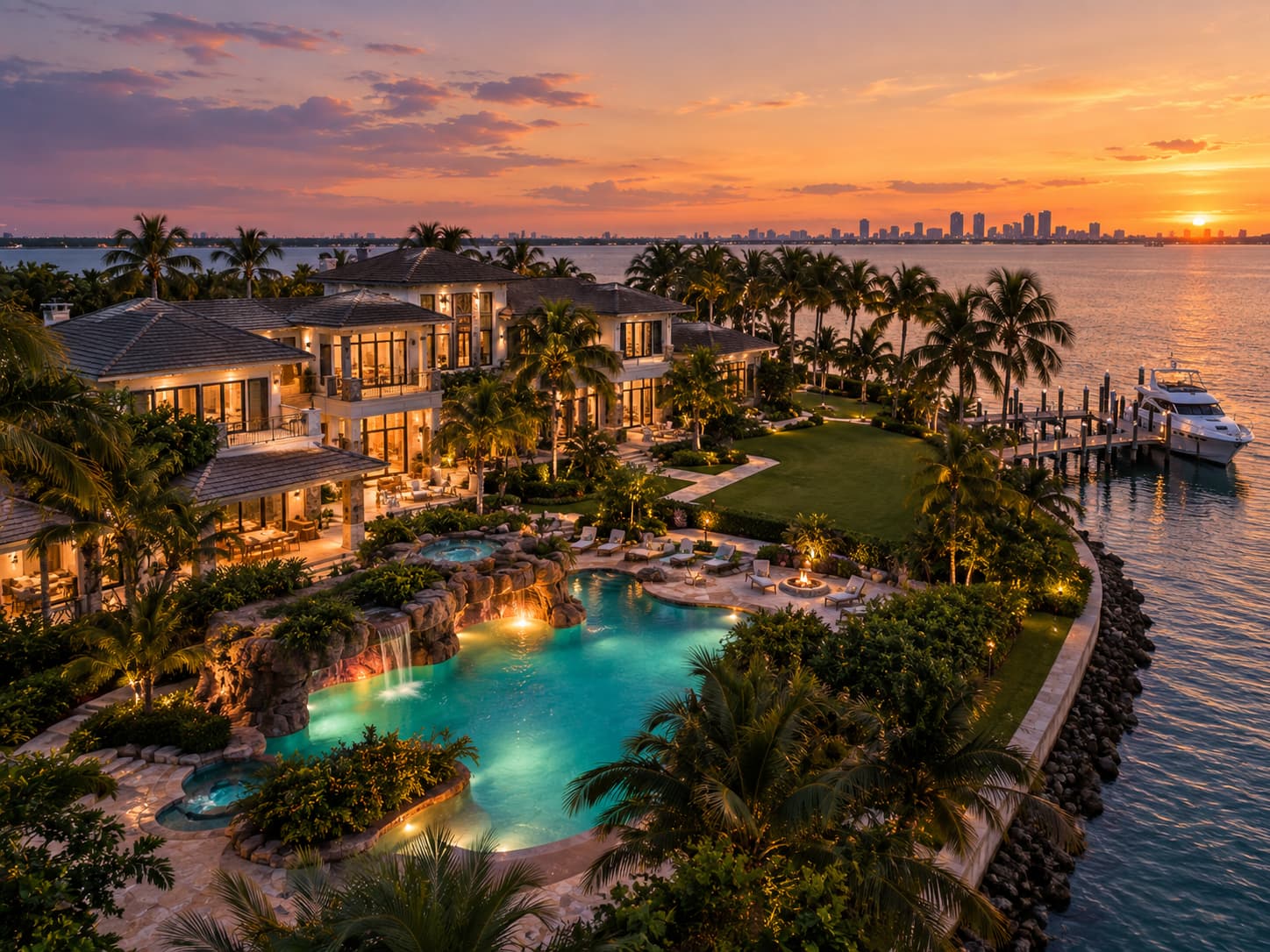 Twilight exterior of a sprawling transitional waterfront compound on a private island, with warm-lit windows, a glowing resort-style pool with grotto and waterfall, manicured tropical grounds, and a private dock overlooking calm water.