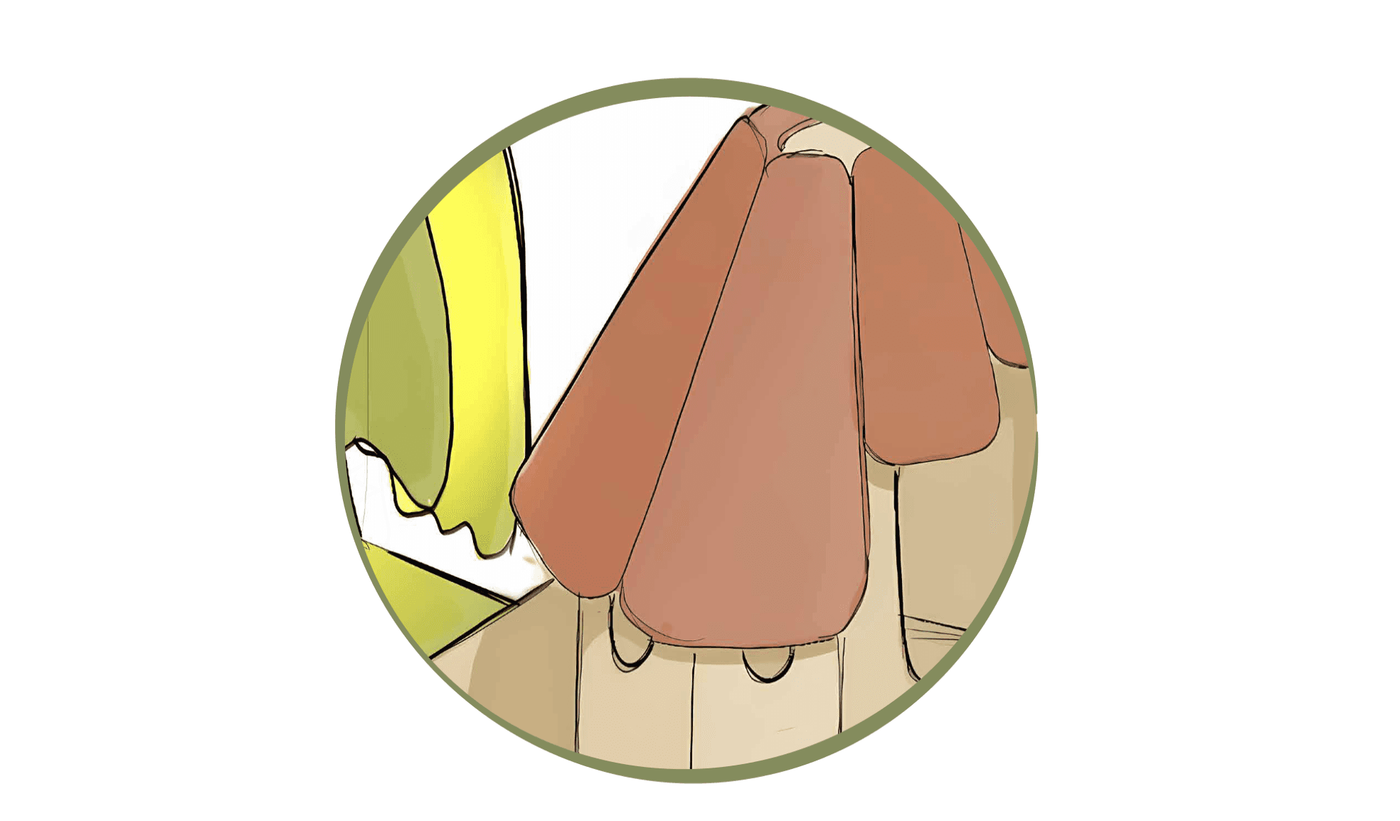 Sketch detail of the thatch-roofed play structure in the Herongate arts and play room in Ottawa