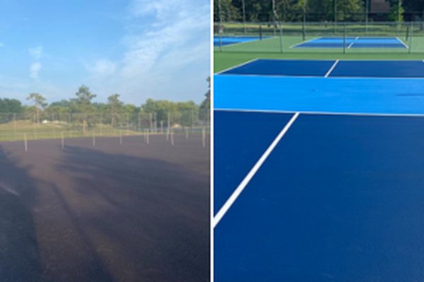 Beautiful Before and After. Dual-purpose court for pickleball and tennis after surface repairs, crack filling, and acrylic coating by Pro Track and Tennis.