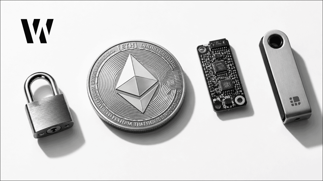 Ethereum coin flanked by a padlock, circuit board, and hardware device on white studio background, overhead view