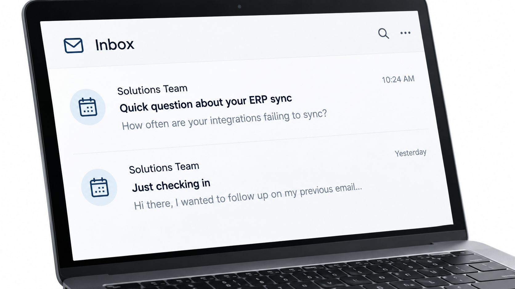 A laptop screen displaying an inbox with follow-up emails from a solutions team regarding ERP sync issues.