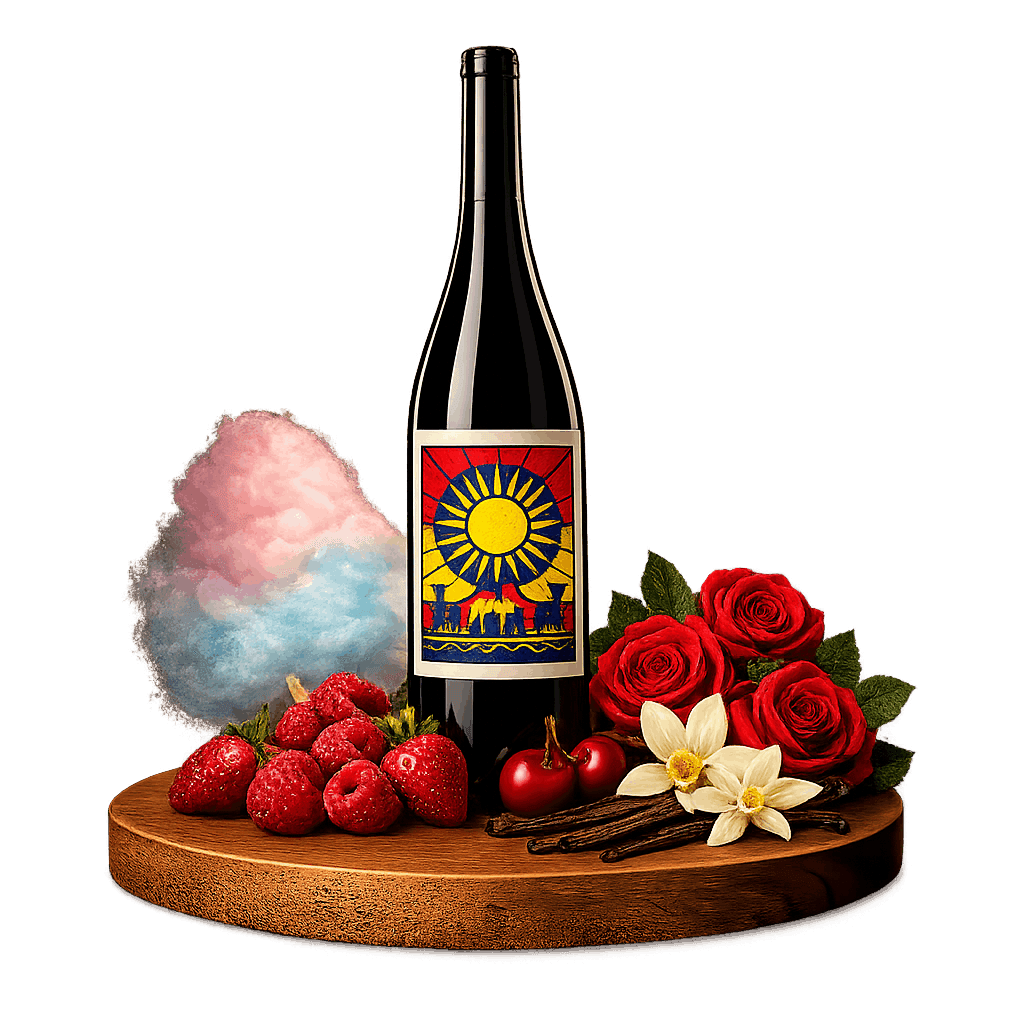 Artistic label and flavor profile for Turkish Kalecik Karasi on a rustic wooden table.