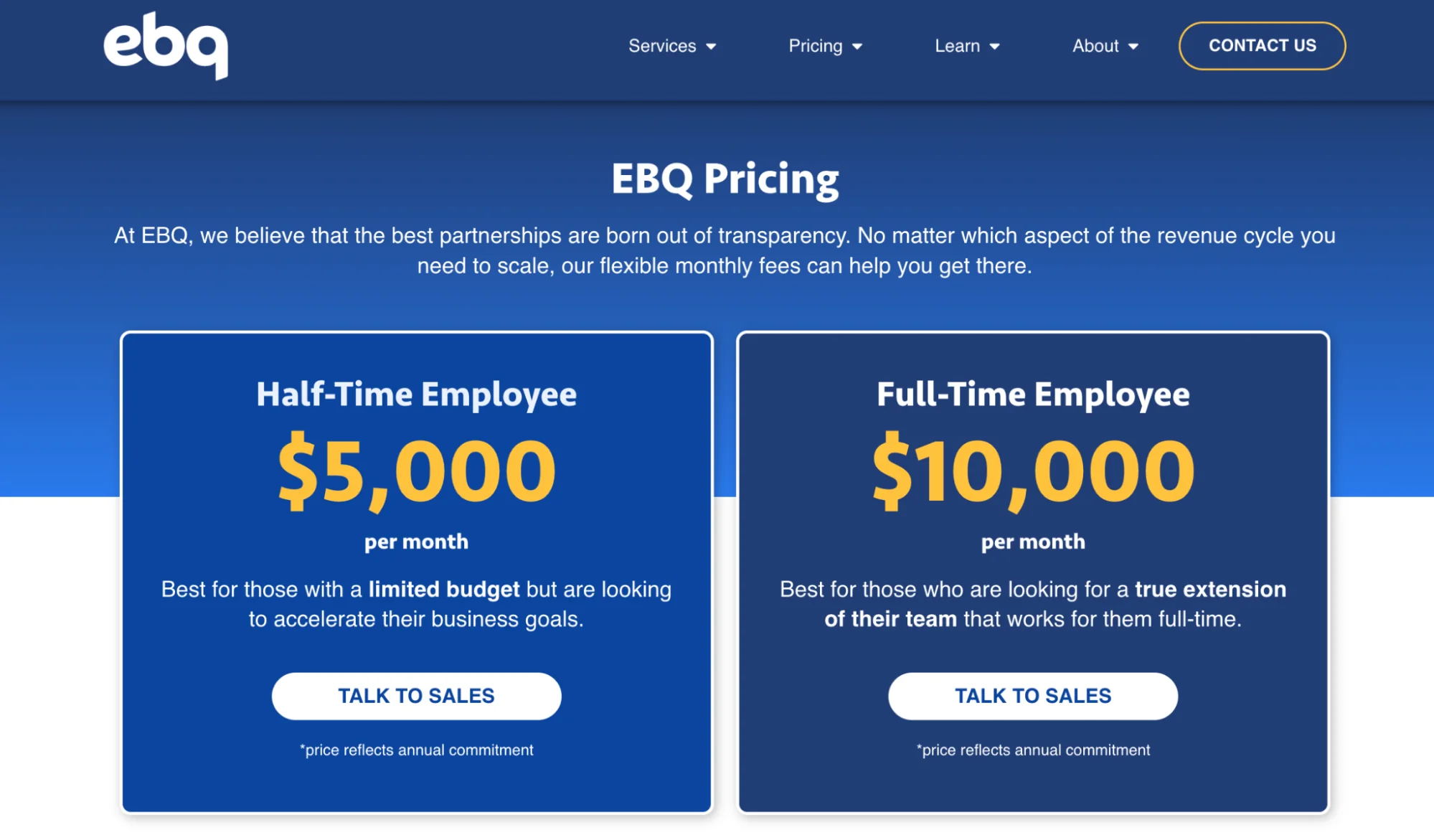 EBQ pricing page: half-time and full-time SDR monthly plans