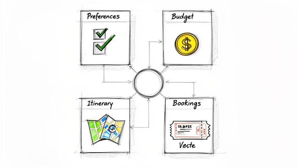 Hand-drawn diagram showing a circular flow between trip preferences, budget, itinerary, and bookings.