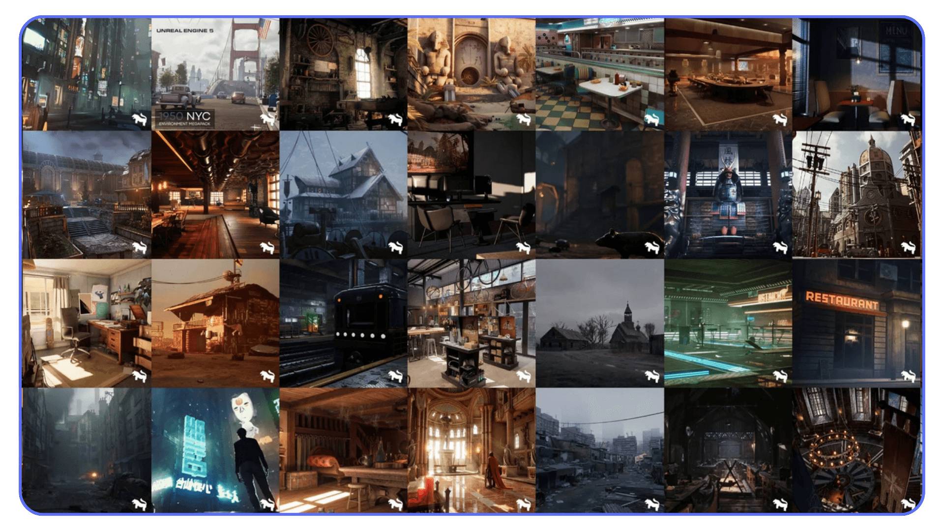 A grid of various Unreal Engine 5 environment renders, including urban, sci-fi, medieval, and cinematic scenes.