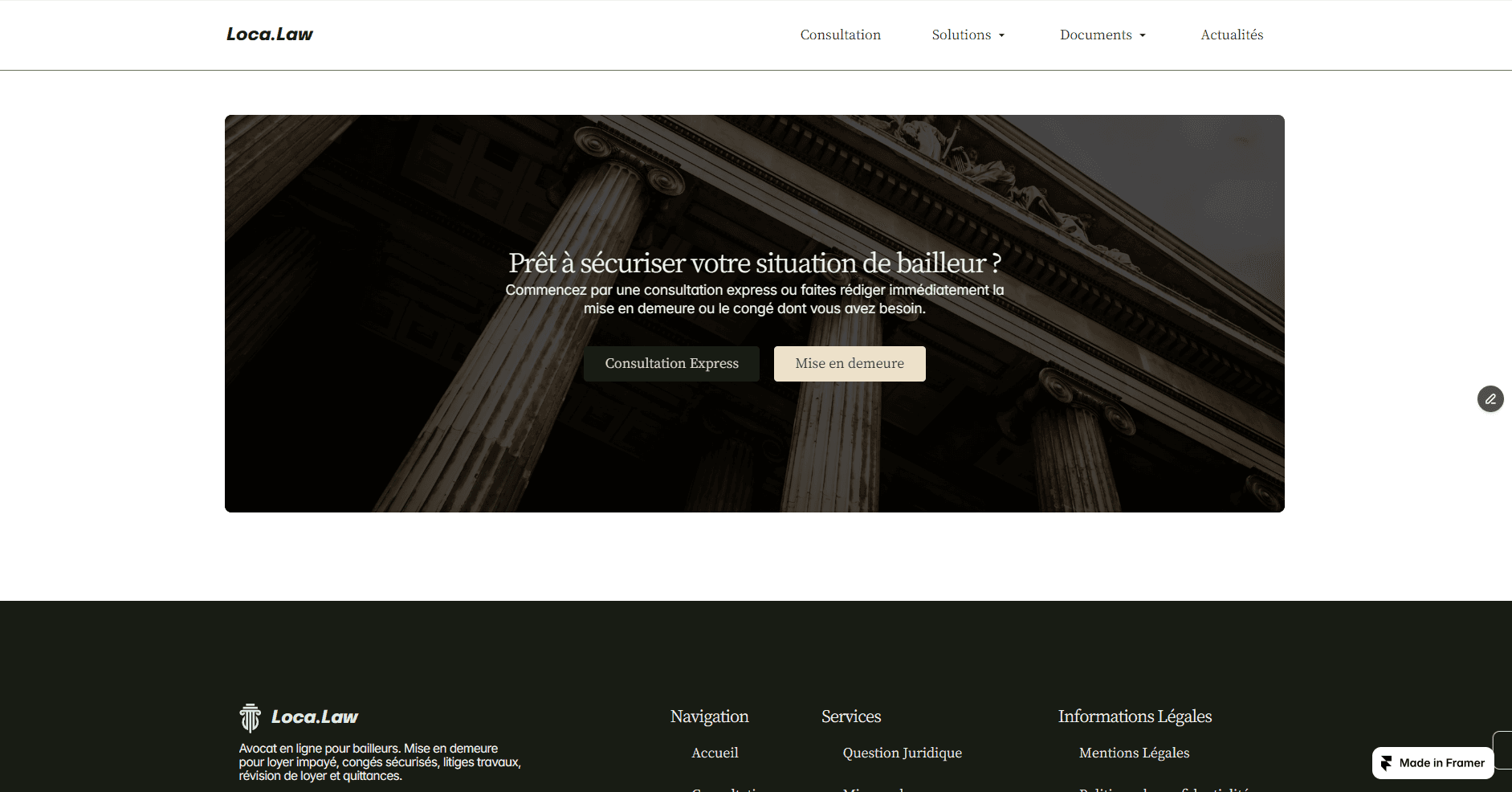 Footer du Site de Loca.Law, développé par Ilies MANATA, Développeur Expert Framer & Ux / Ui Designer, Freelance, Nord