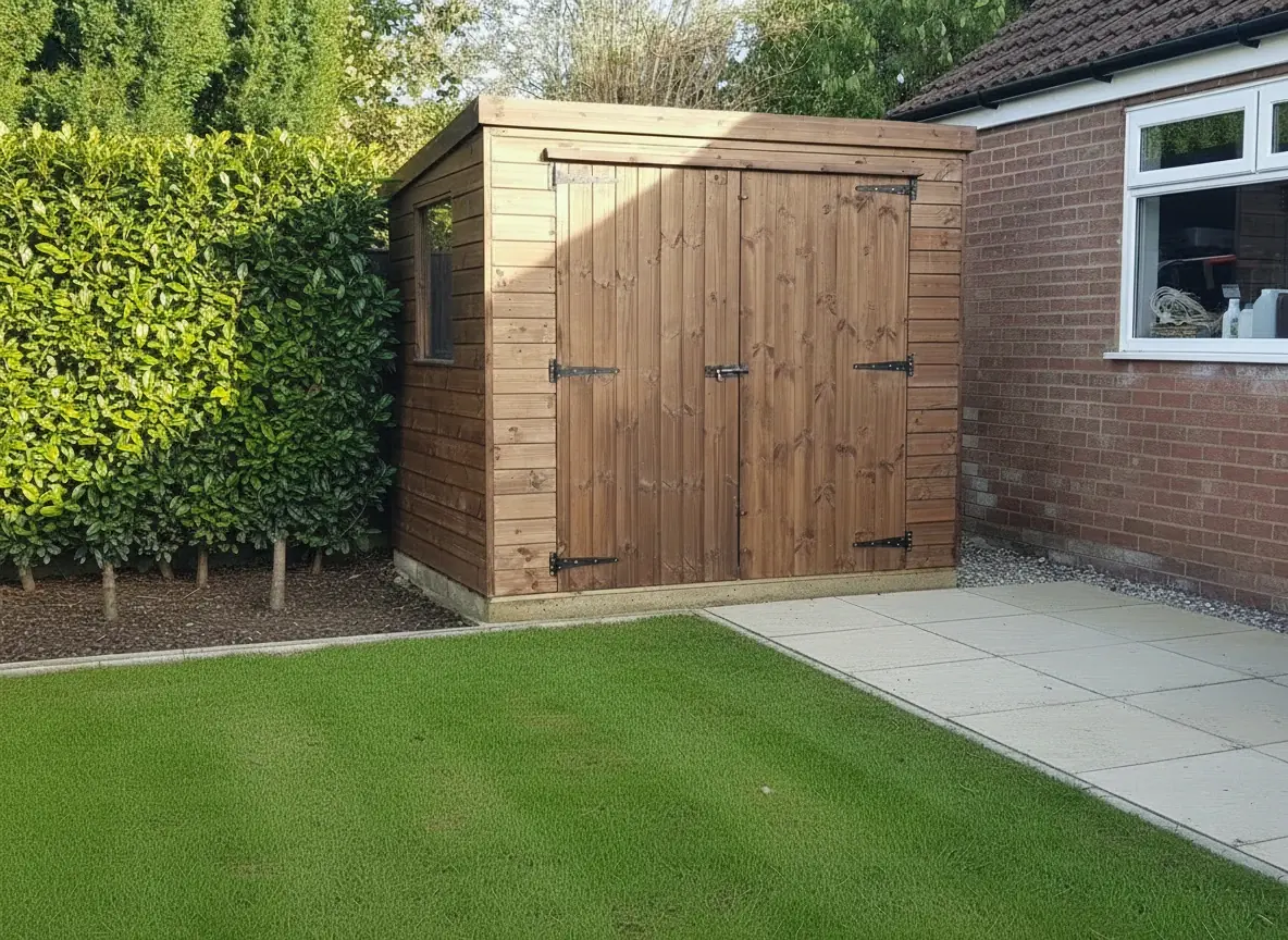 Pent shed with double doors beside a house