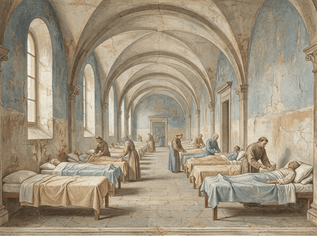 Fresco of a vaulted hospital hall lined with beds and attendants