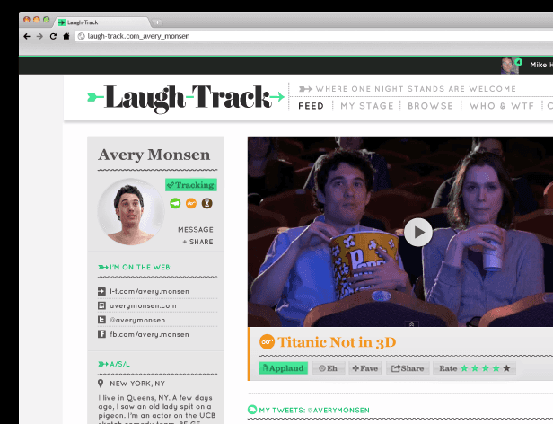 A screenshot of a Laugh-Track website shows Avery Monsen’s profile page. His profile picture is a circular headshot of a man with short dark hair. His name, “Avery Monsen,” is displayed prominently, followed by a “Tracking” button. Below are navigation links: “MESSAGE + SHARE,” “I’M ON THE WEB:” with several website addresses listed, and “NEW YORK, NY” with his location. A video titled “Titanic Not in 3D” is visible on the right, showing a man holding a popcorn bucket. A small “Mike” label appears in the top right corner. The browser’s address bar shows “laugh-track.com_avery_monsen.”
