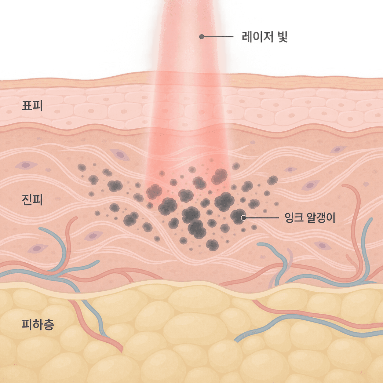 문신 잉크는 표피 아래 진피에 알갱이로 박혀 있고, 레이저 빛은 이 알갱이를 겨냥해요