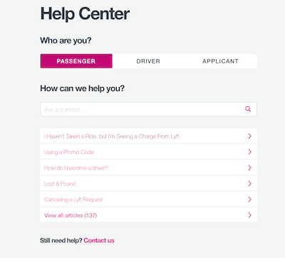 Previous Lyft Help Center organized by user type