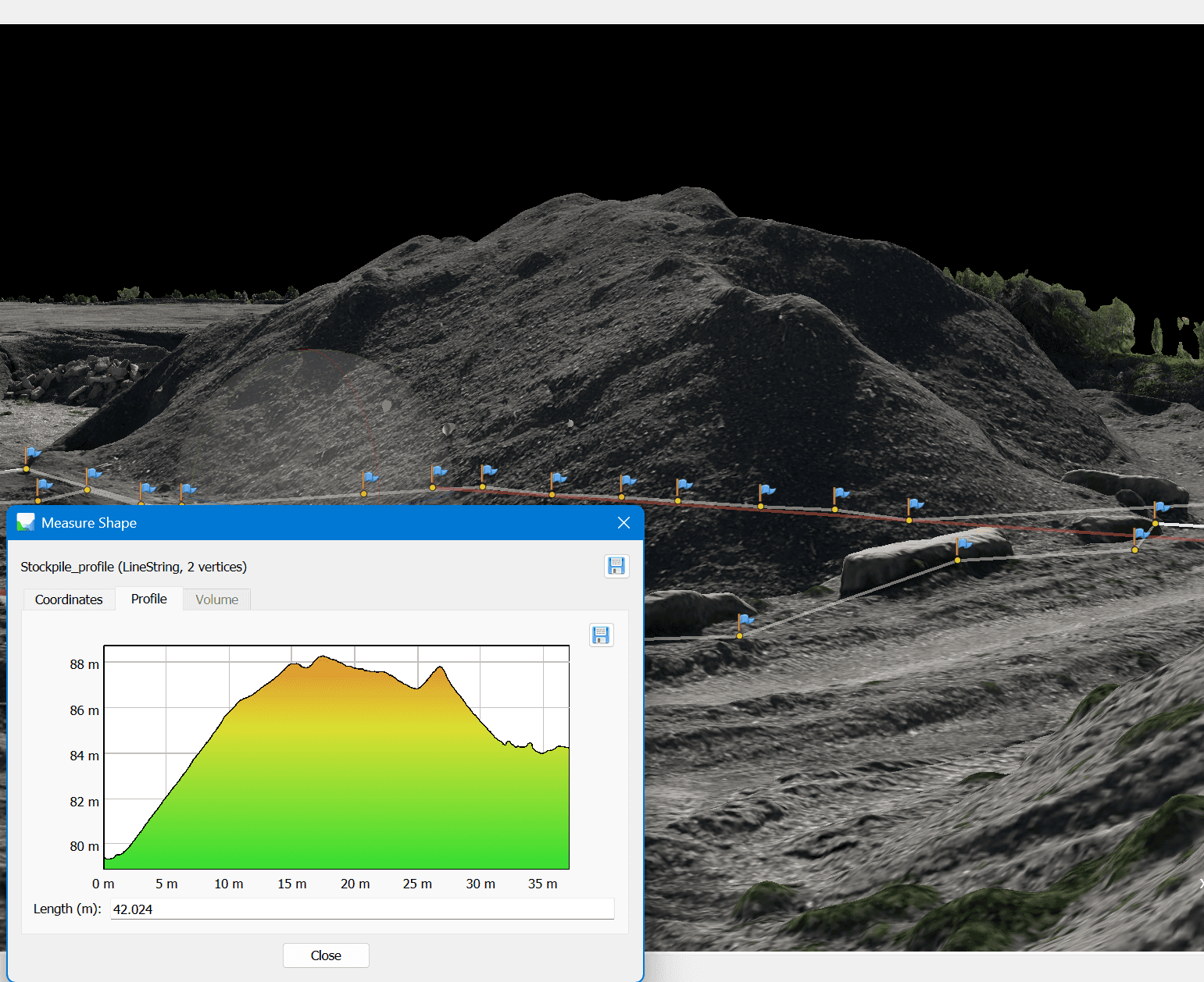 Profile graph of a stockpile over a 3D Twin