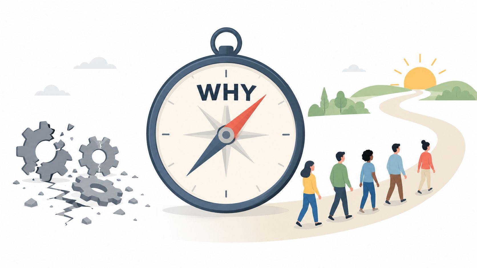 A compass labeled WHY guides people walking on a path away from broken gears symbolizing organizational change.