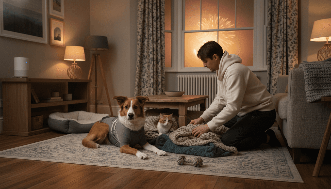 Owner with pets in the living room with fireworks glow