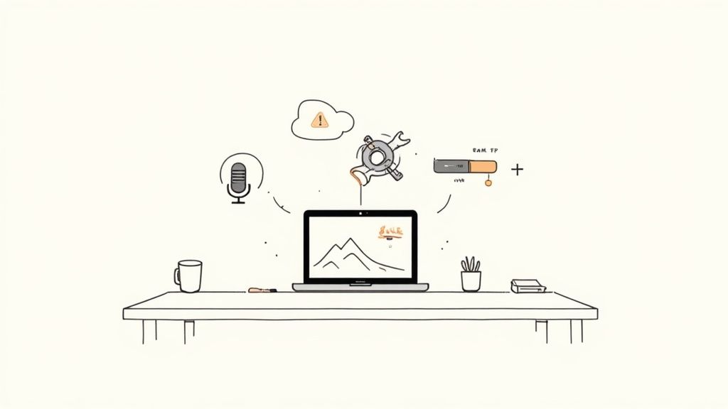 A person looking thoughtfully at their MacBook screen, which displays an error message related to dictation.