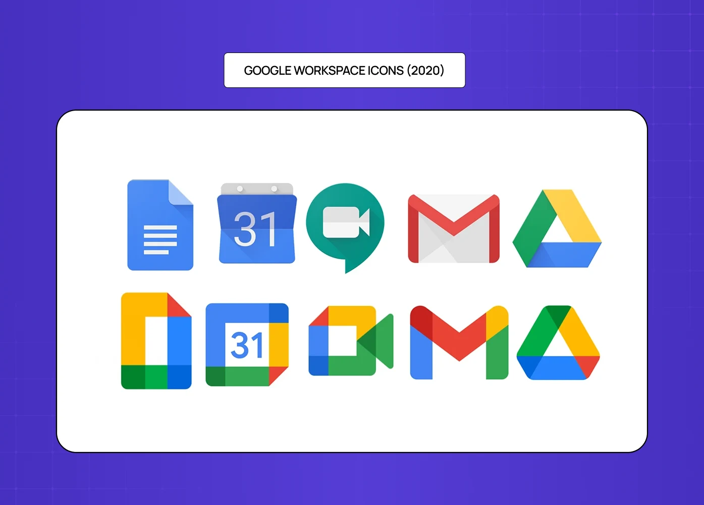 Google Workspace 2020 icon redesign showing updated colorful, unified app icons.
