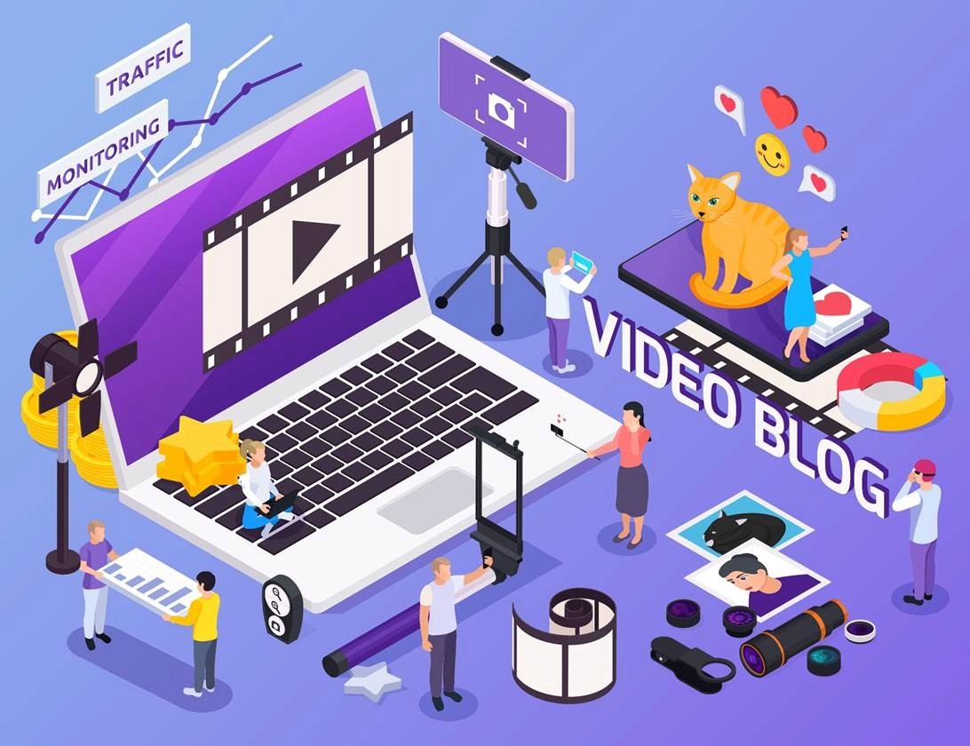 Isometric illustration of video blogging ecosystem with creators, filming equipment, and traffic analytics
