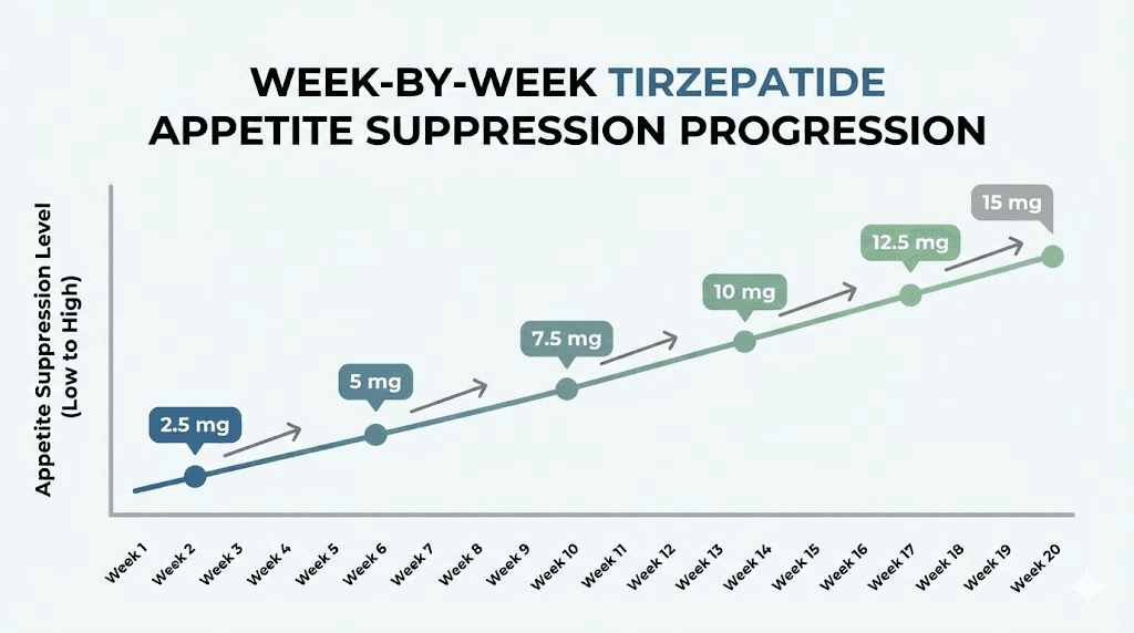 Tirzepatide appetite suppression timeline by week with dosage escalation