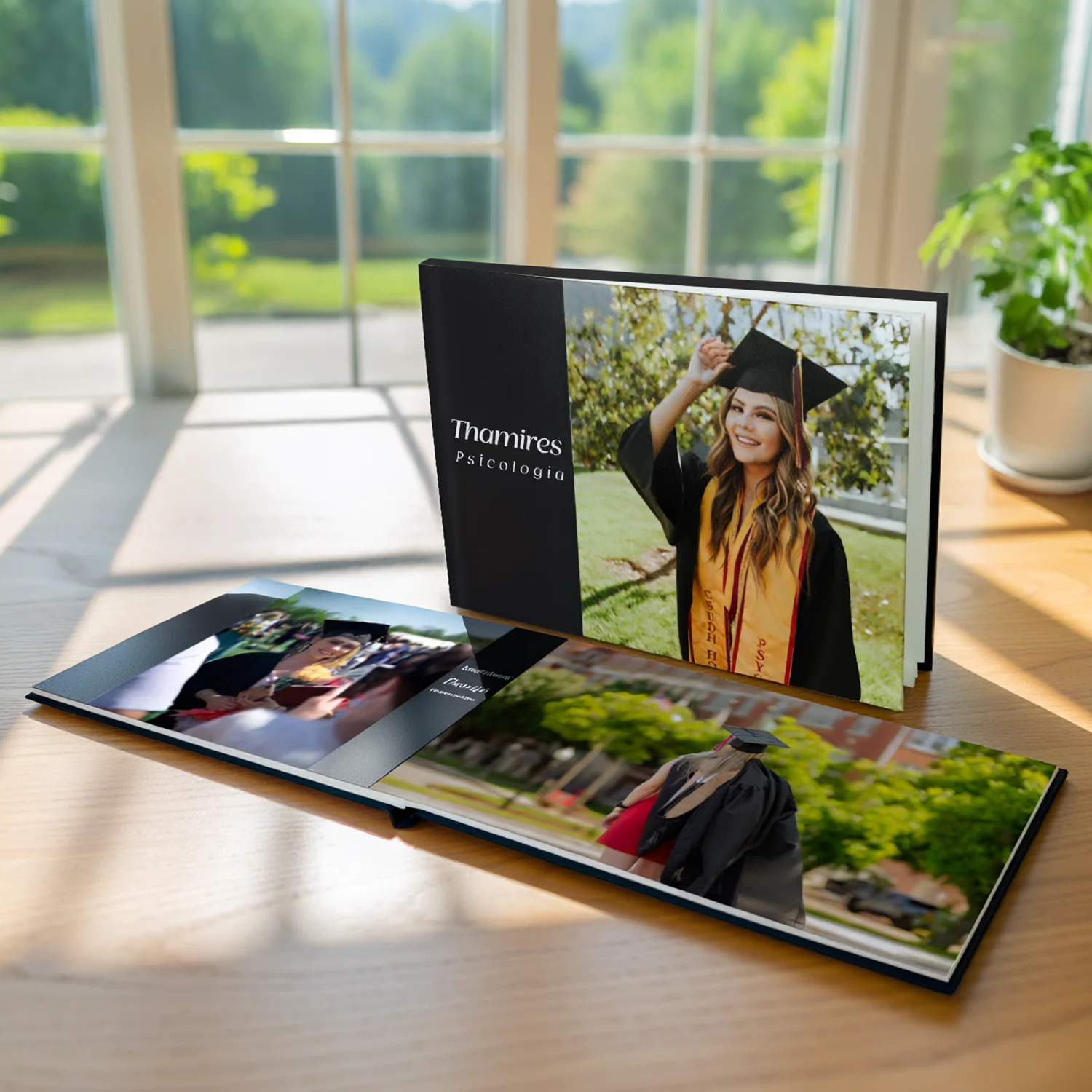 Pessoa segurando fotolivro com foto de mulher sorrindo ao ar livre, com a frase “Eu amo o Norte” escrita no canto da imagem