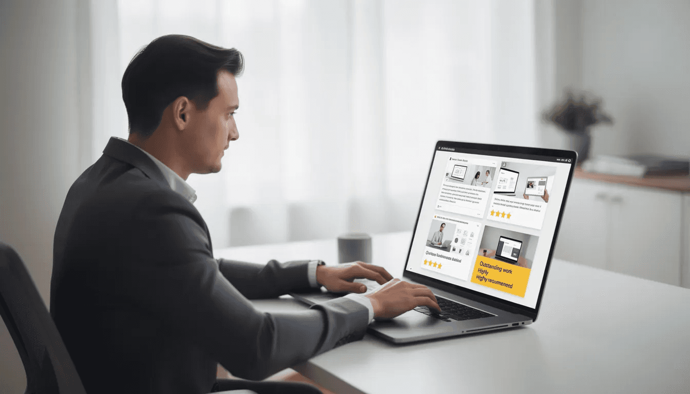 A professional is seen creating a portfolio on a laptop, showcasing multiple project documents and testimonials from various clients, highlighting their specialized expertise in fractional roles across different companies. The screen reflects the flexibility and control that fractional leaders have in managing projects on a part-time basis.