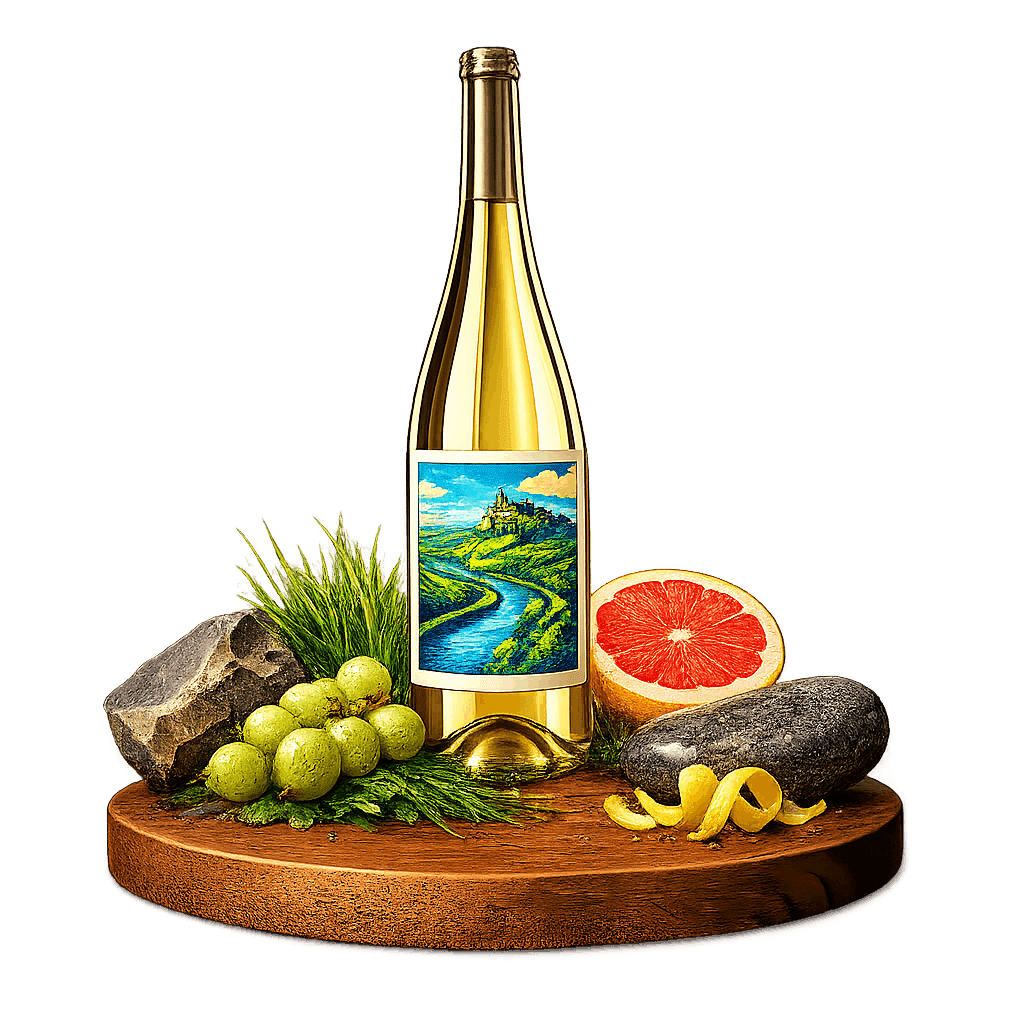 Artistic label and flavor profile for Loire Sancerre on a rustic wooden table.