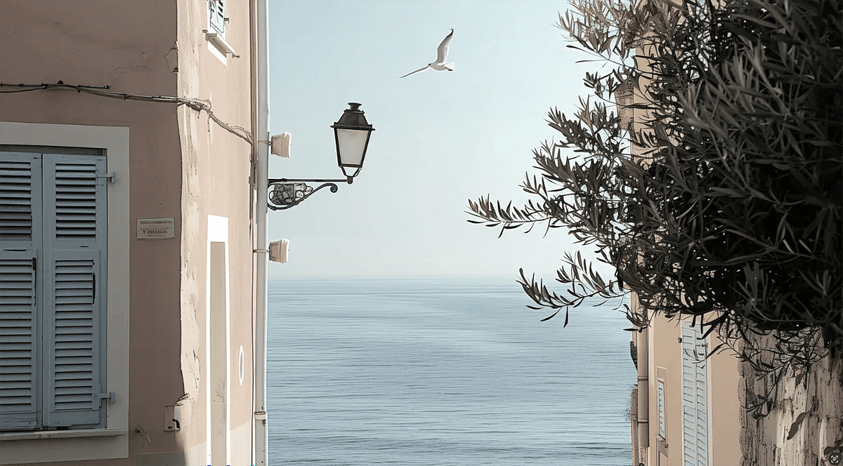 A pastel-toned seaside alley with shuttered windows, olive branches, and a seagull in flight — peaceful Mediterranean simplicity at its finest.