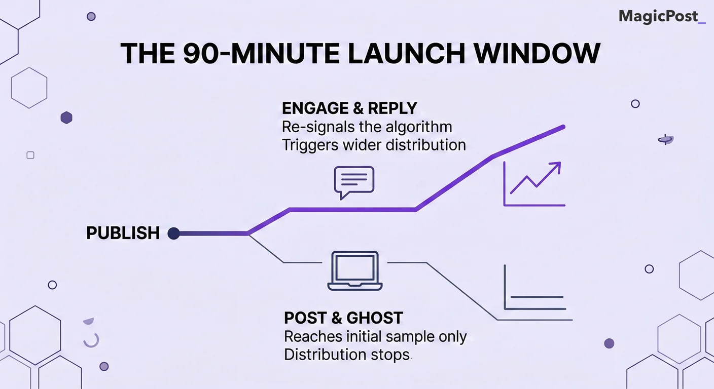 Infographic illustrating the LinkedIn 90-minute launch window and how engaging versus ghosting after publishing affects post distribution