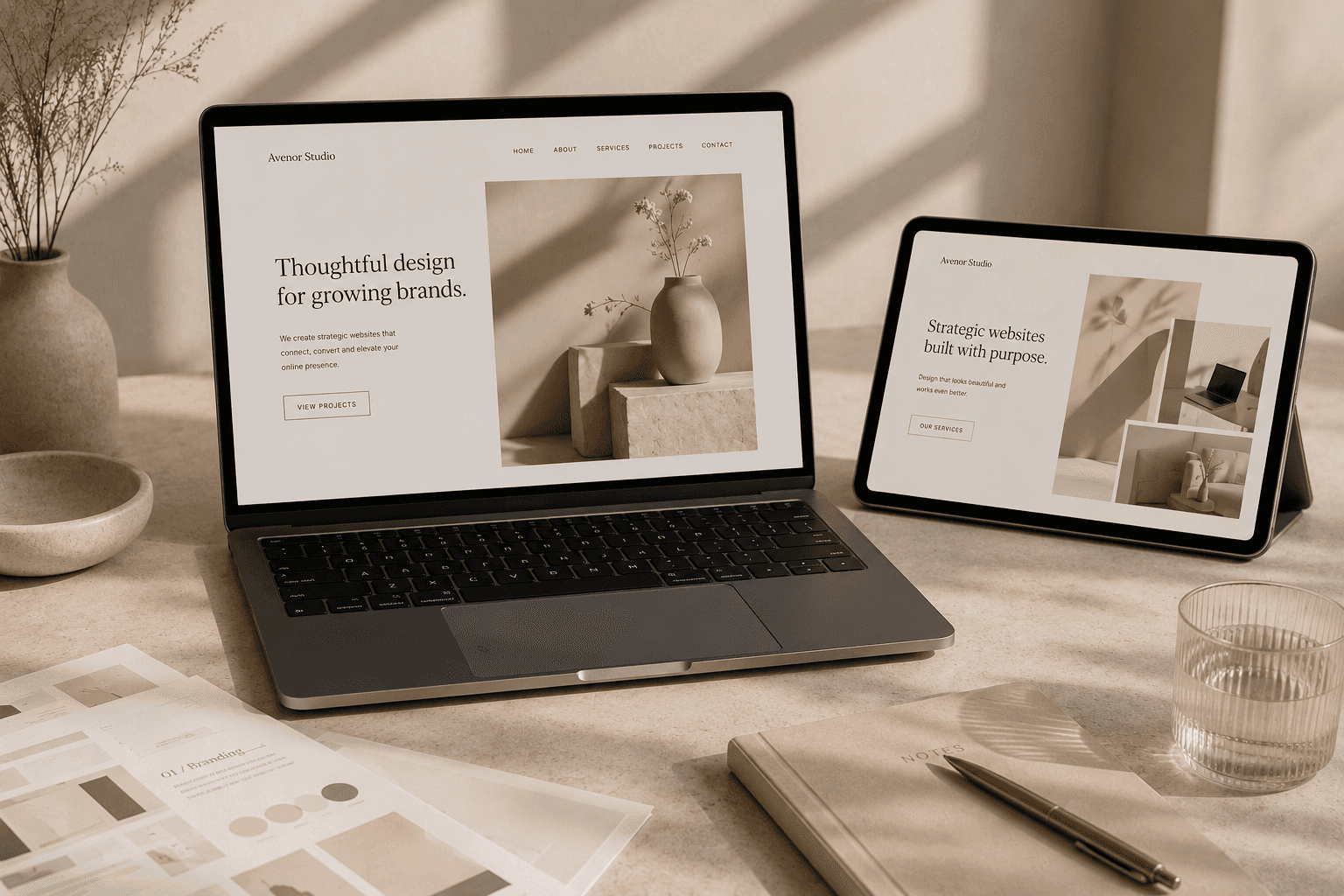 Custom small business web design mockups displayed on laptop and tablet devices