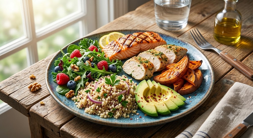 High-end editorial food photography of a balanced whole-food meal: grilled salmon or chicken, quinoa, sweet potatoes, avocado, leafy greens, nuts, and berries arranged beautifully on a rustic wooden table. Sunlight streaming through window, vibrant natural colors, visible freshness, macro detail, cinematic depth, health magazine style, ultra-realistic, no text or branding.