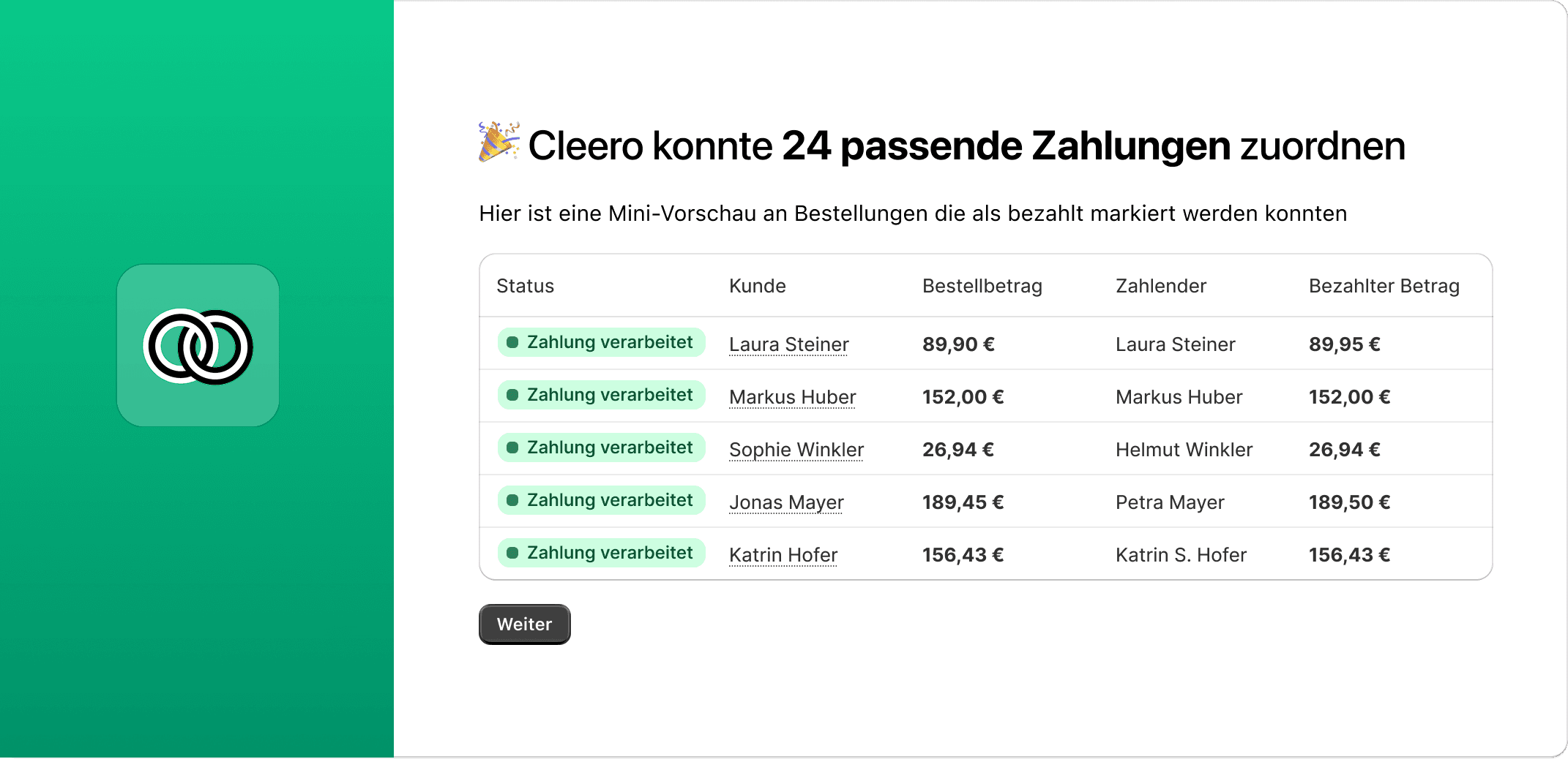 Bild von Cleero Onboarding: Erfolgreicher Abgleich von 24 passenden Zahlungen