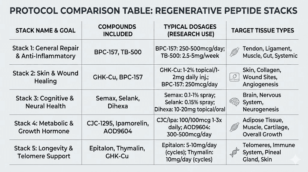 Regenerative peptide protocol comparison chart with dosages and tissue targets