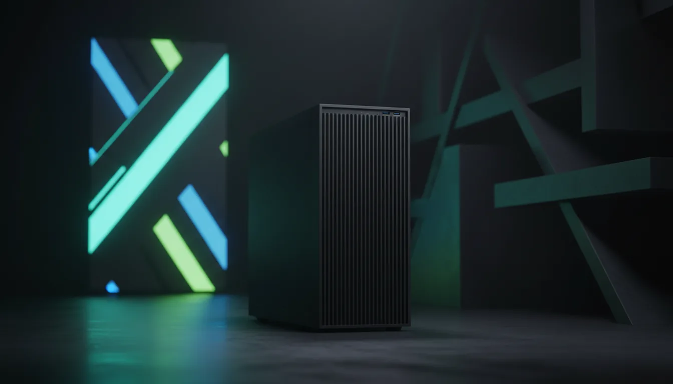 DSLR product photography of a sleek, matte black professional workstation PC tower, centered on a dark, slightly reflective floor. The PC has a minimalist design with a vertically ribbed front panel. The lighting is dramatic with cinematic contrast, creating a dark, high-tech atmosphere. The background is an abstract architectural space; on the right, dark geometric planes with deep shadows, and on the left, a vibrant, glowing abstract panel with diagonal shapes in brilliant blue, teal, and lime green. Sharp focus, hyper-detailed.