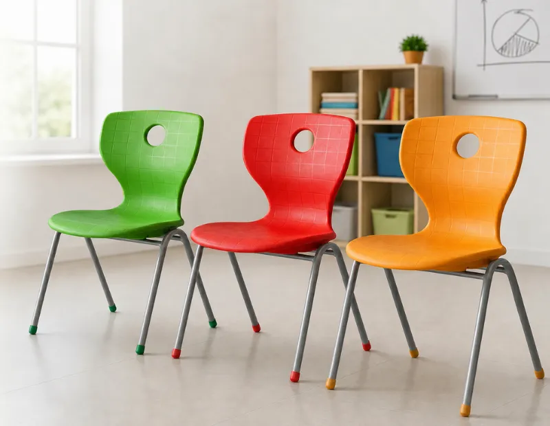 Green, red, and orange school chairs for classroom projects