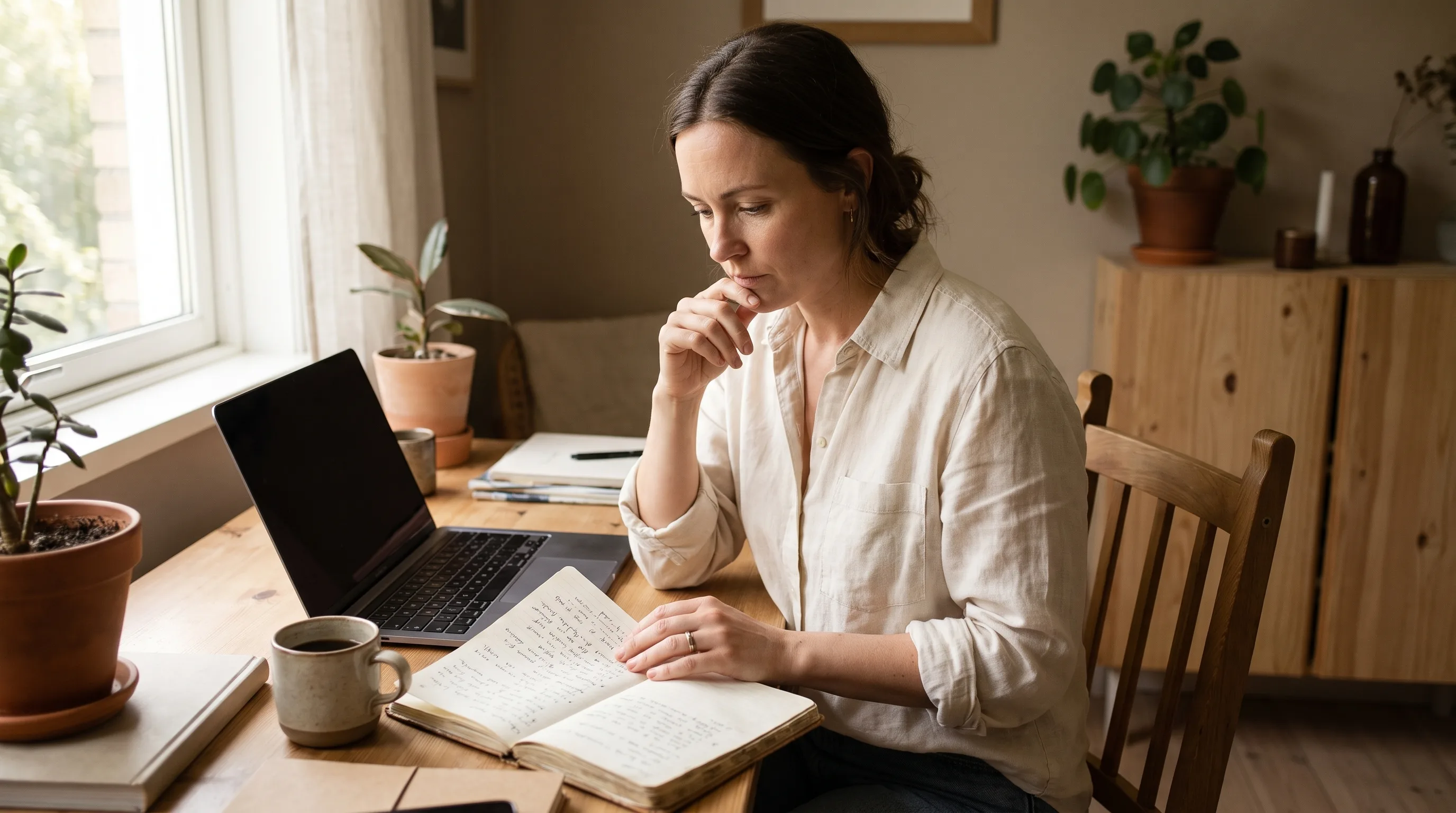 A person reviewing handwritten meeting notes next to a laptop just after a video call, writing up the summary