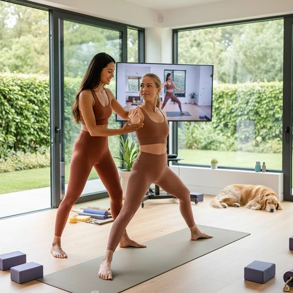 A peaceful scene of a woman practicing yoga in tree pose on a wooden pier at sunset, with a calm ocean and mountain silhouette in the background.