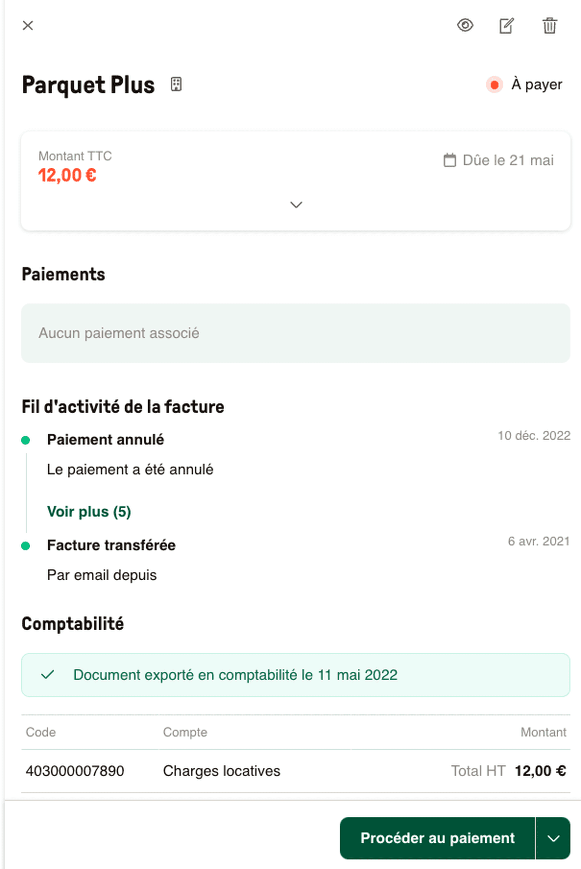 Fil d'activité de la facture