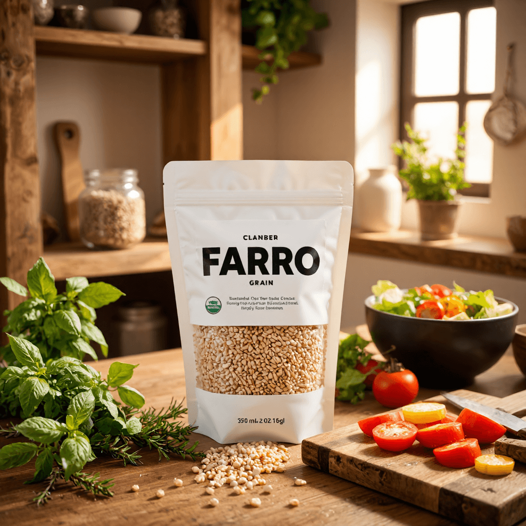 product photography of a pouch of farro grain