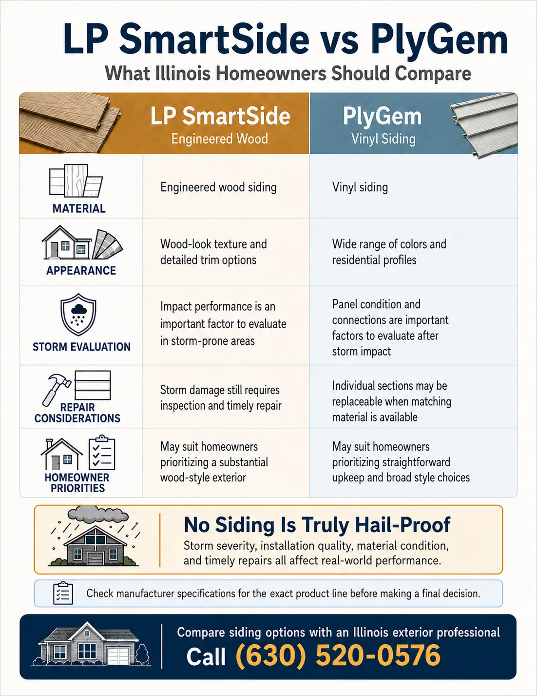 LP SmartSide vs PlyGem comparison covering siding material, appearance, storm considerations, repairs, and homeowner priorities
