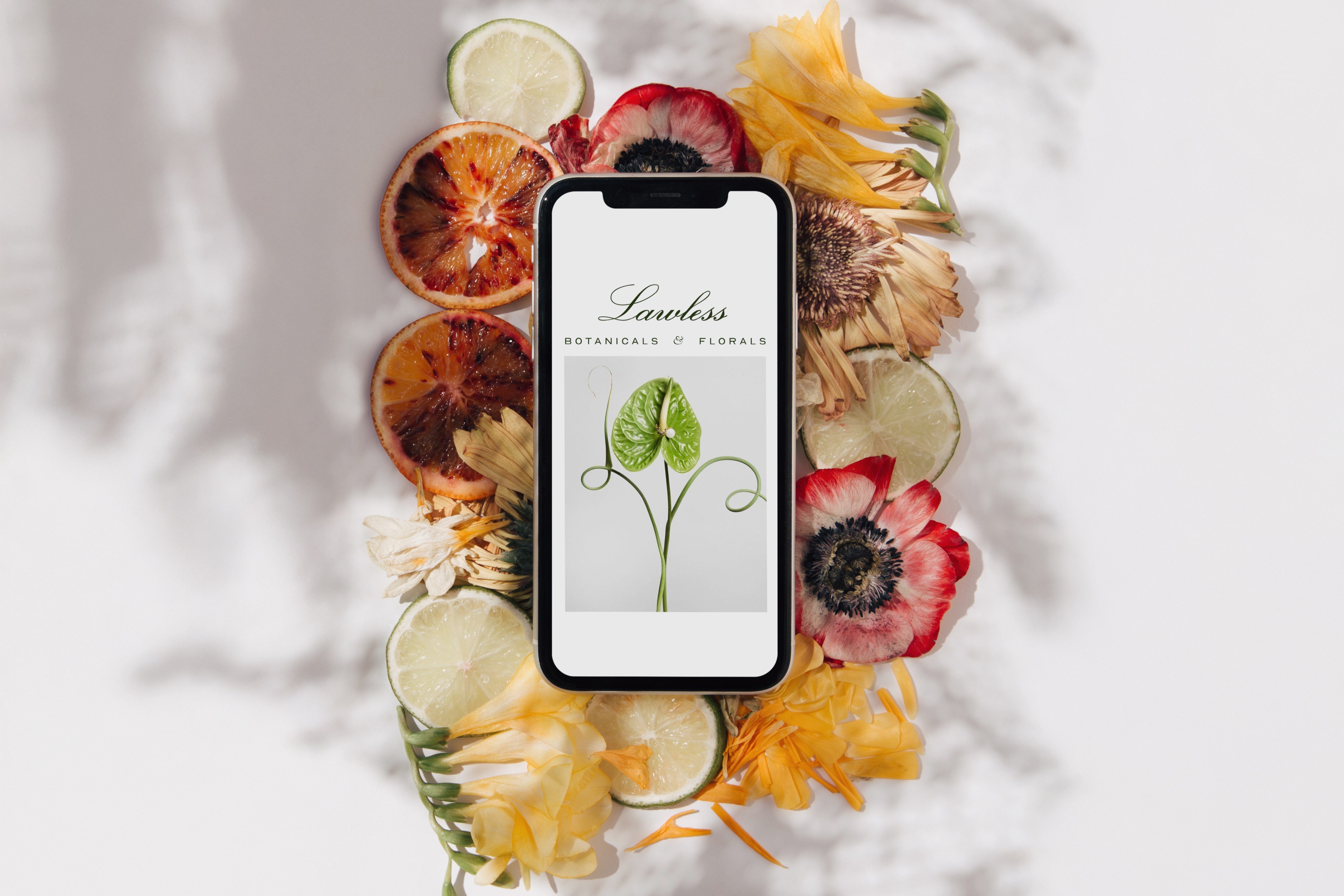 Lawless Botanicals & Florals mobile website displayed on a phone, surrounded by fresh citrus slices and delicate florals, reflecting a natural and organic aesthetic