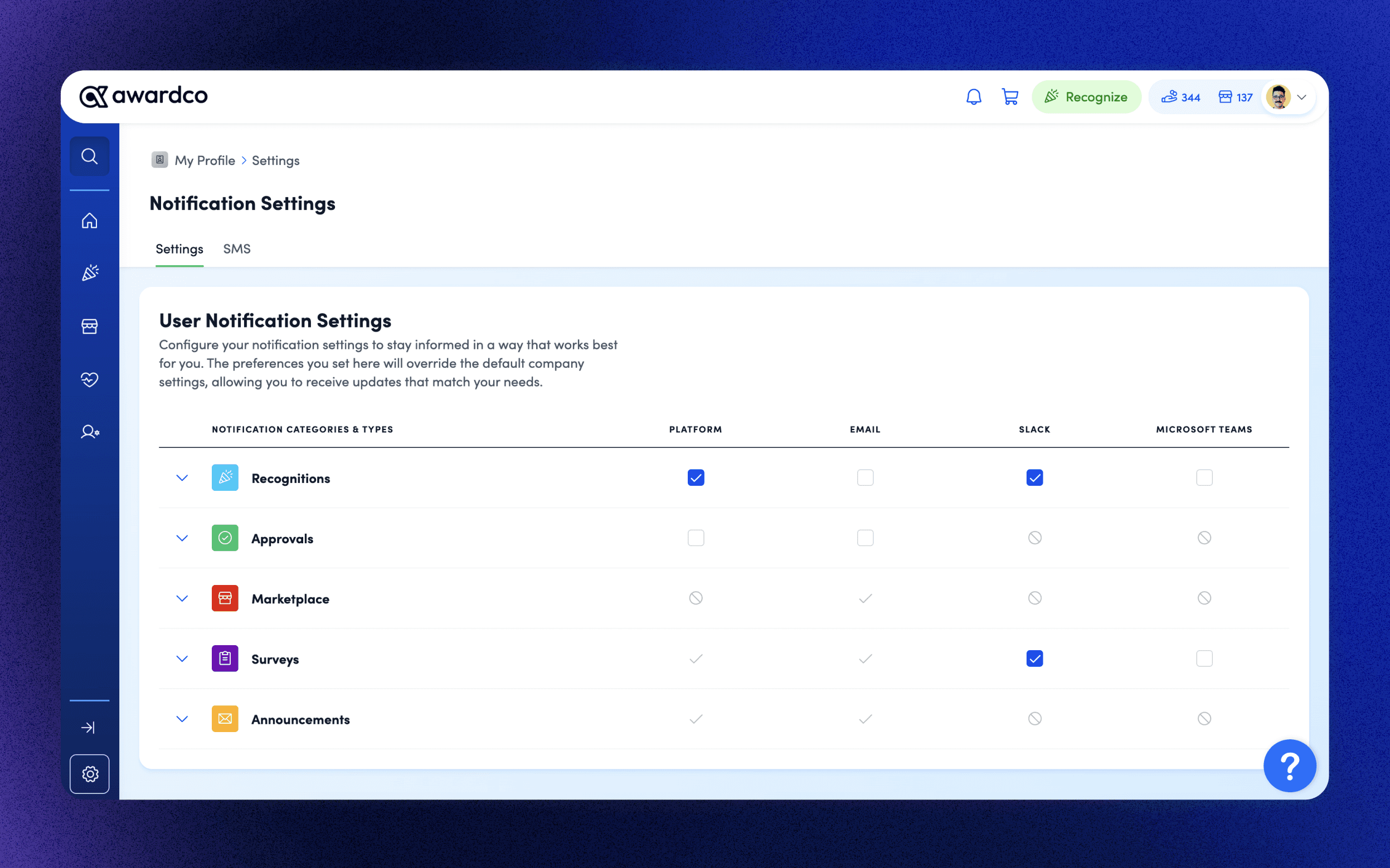 End-user notification settings page. The experience inherits admin’s company wide preferences and allows the end-user to configure within those parameters.