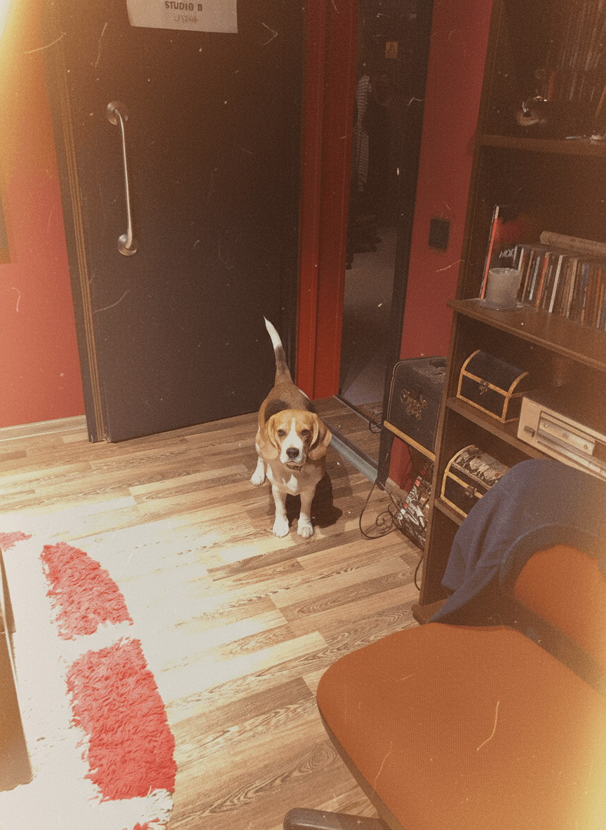 Emma the beagle standing in a recording studio near the door, looking up with ears perked.