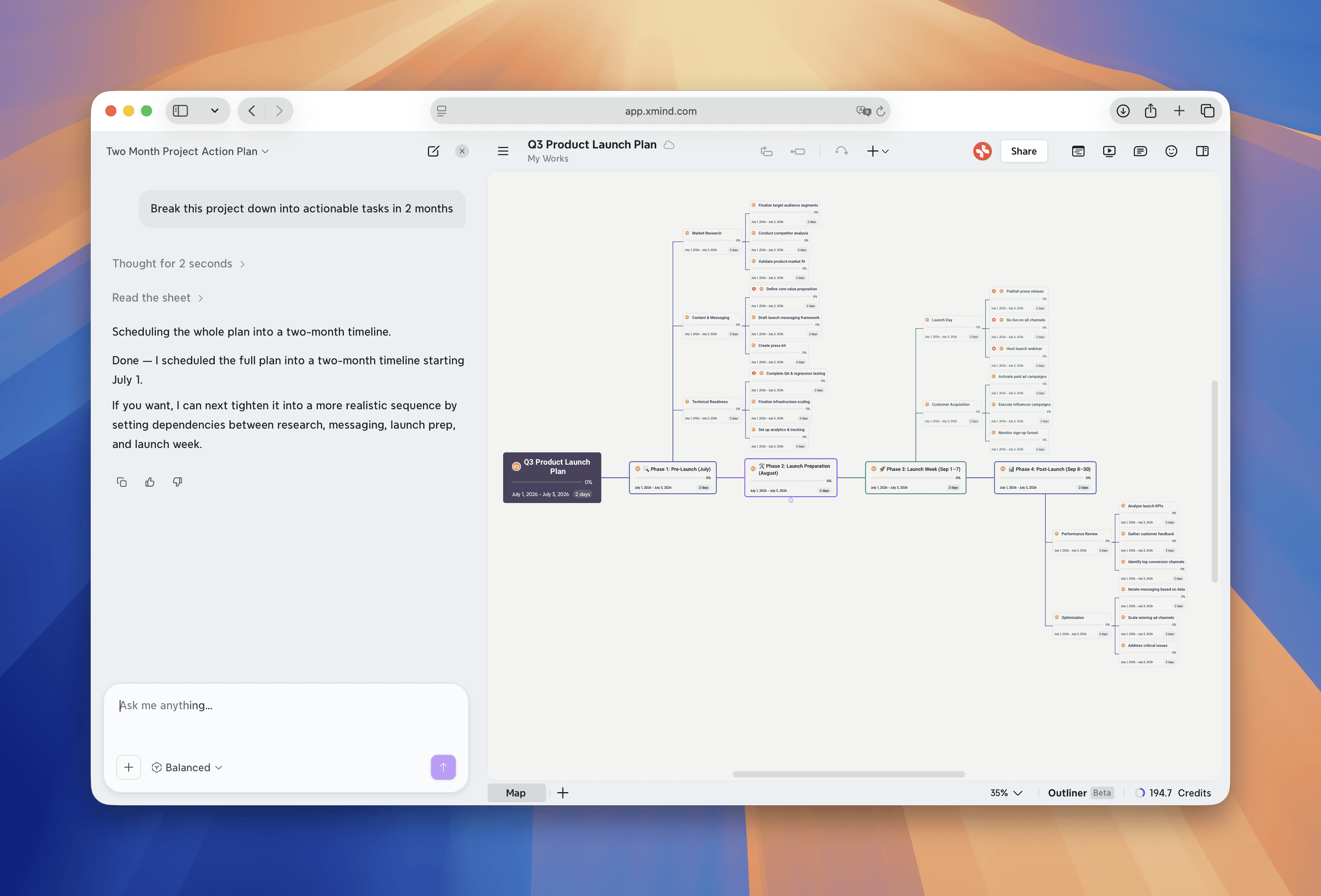Xmind AI converts a project mind map into actionable tasks, organized by phases, priorities, and timeline.