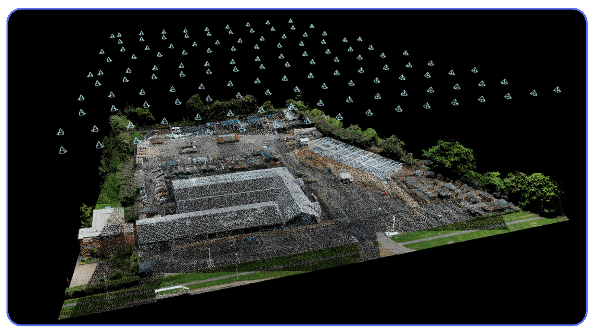 A detailed 3D point cloud reconstruction of an industrial site created from drone imagery, showing camera positions and dense photogrammetric data points — illustrating how mixed datasets can be integrated for future-proof mapping workflows.