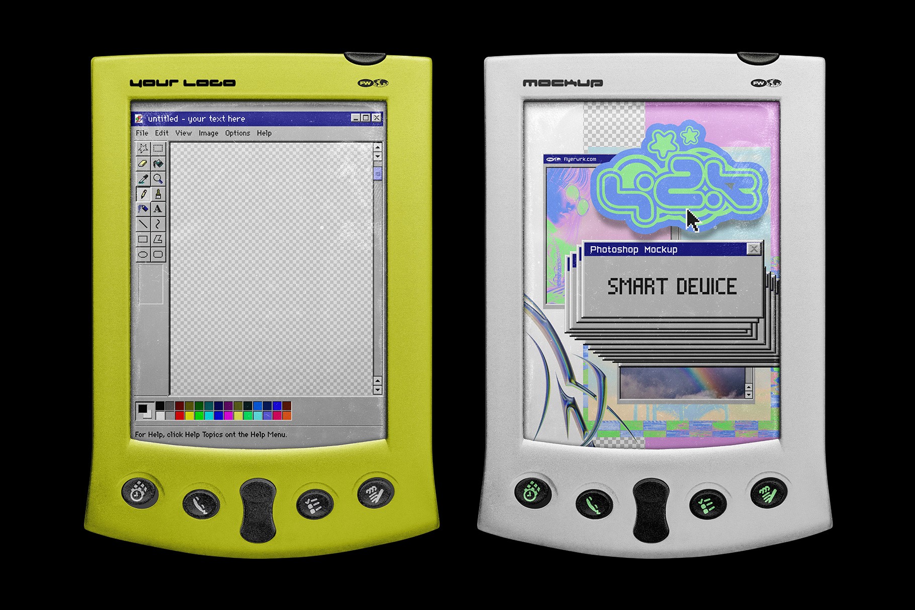Retro smart device mockup with customizable PDA colors and screen design examples