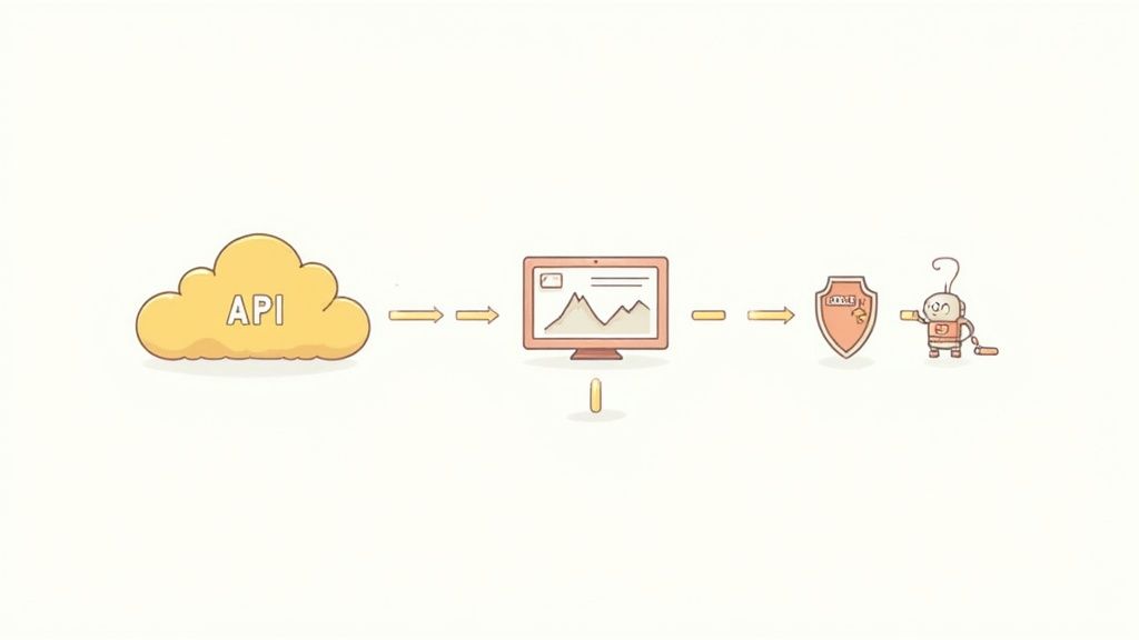 A cartoon diagram illustrating API integration for market data, security, and automated processing.