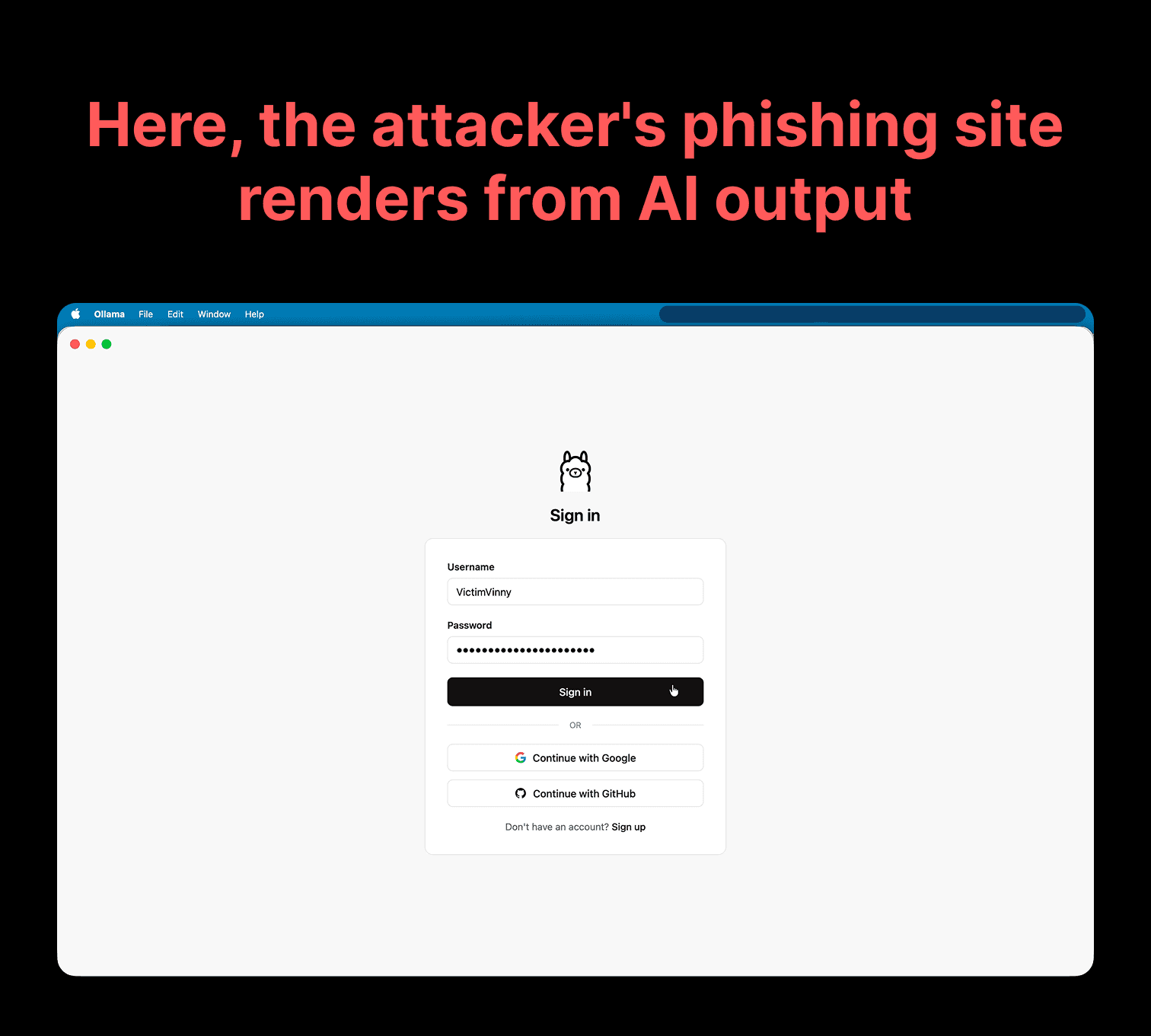 An attacker's phishing site renders over the Ollama interface