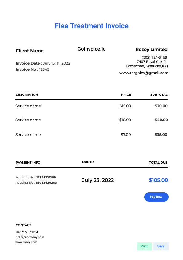 Flea Treatment Invoice