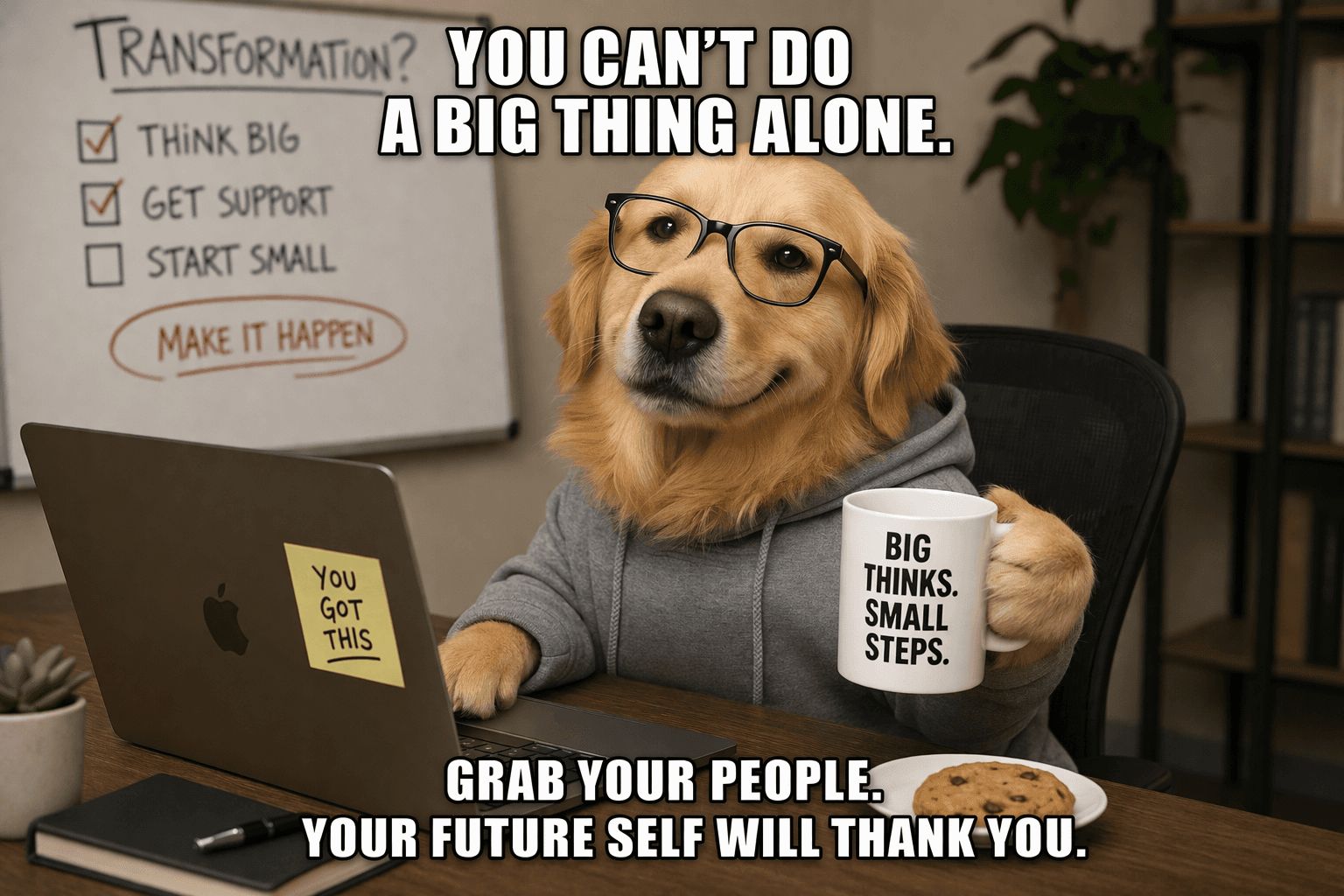 A smiling dog with a mug in front of a laptop saying "You can't do a big thing alone. Grab your people. Your future self will thank you."