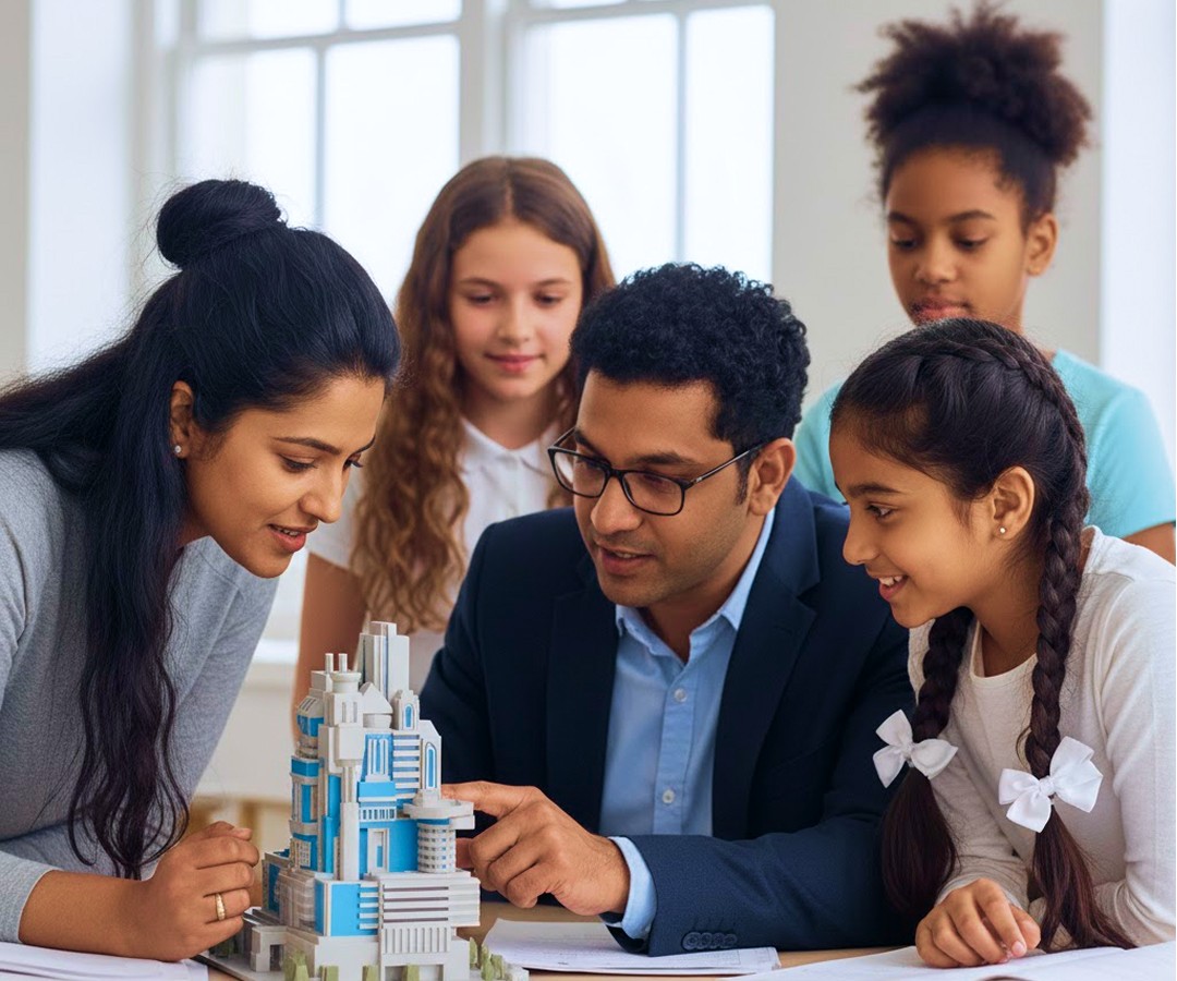 A teacher is showing a microscope to a group of students